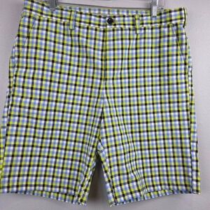 IZOD Golf Shorts Mens 34 Gingham Check Green Blue Performance Flat Front Casual